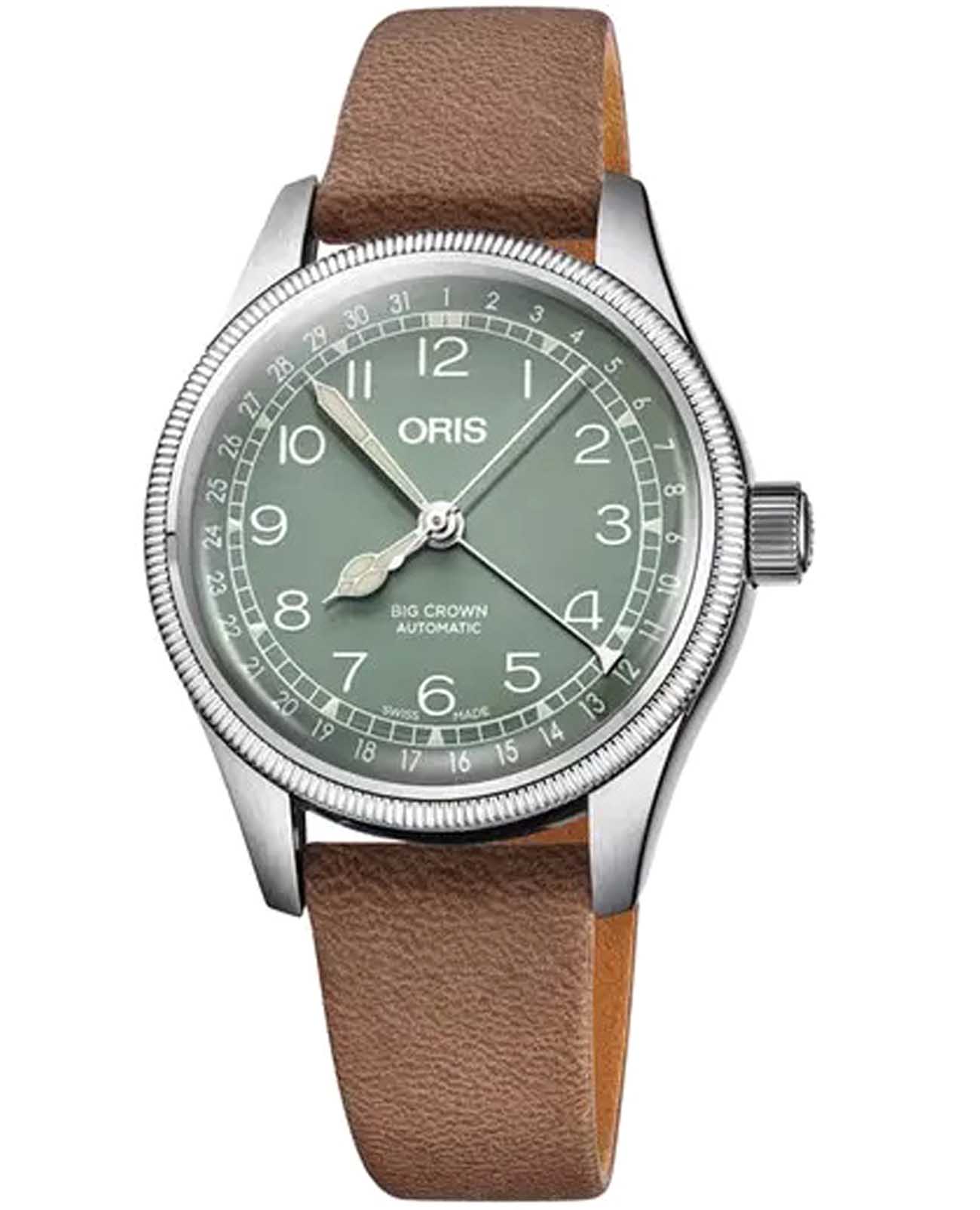 Oris Oris Big Crown Pointer Date 01 754 7749 4067-07 5 17 68  01 754 7749 4067-07 5 17 68 механические женские часы зеленый циферблат, браслет кожаный — вид спереди